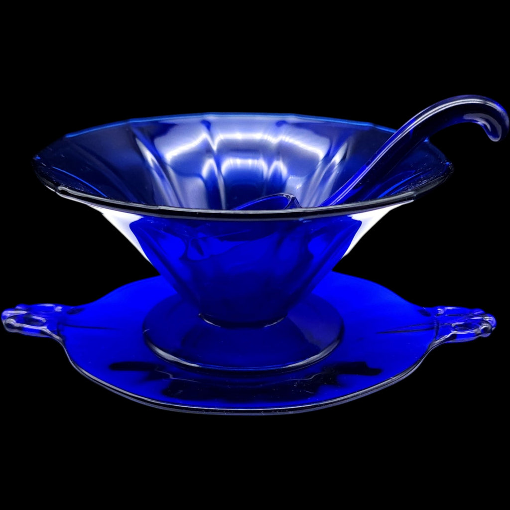 Vintage Cobalt Blue Glass Mayonnaise Sauce Bowl Set with Ladle & Underplate