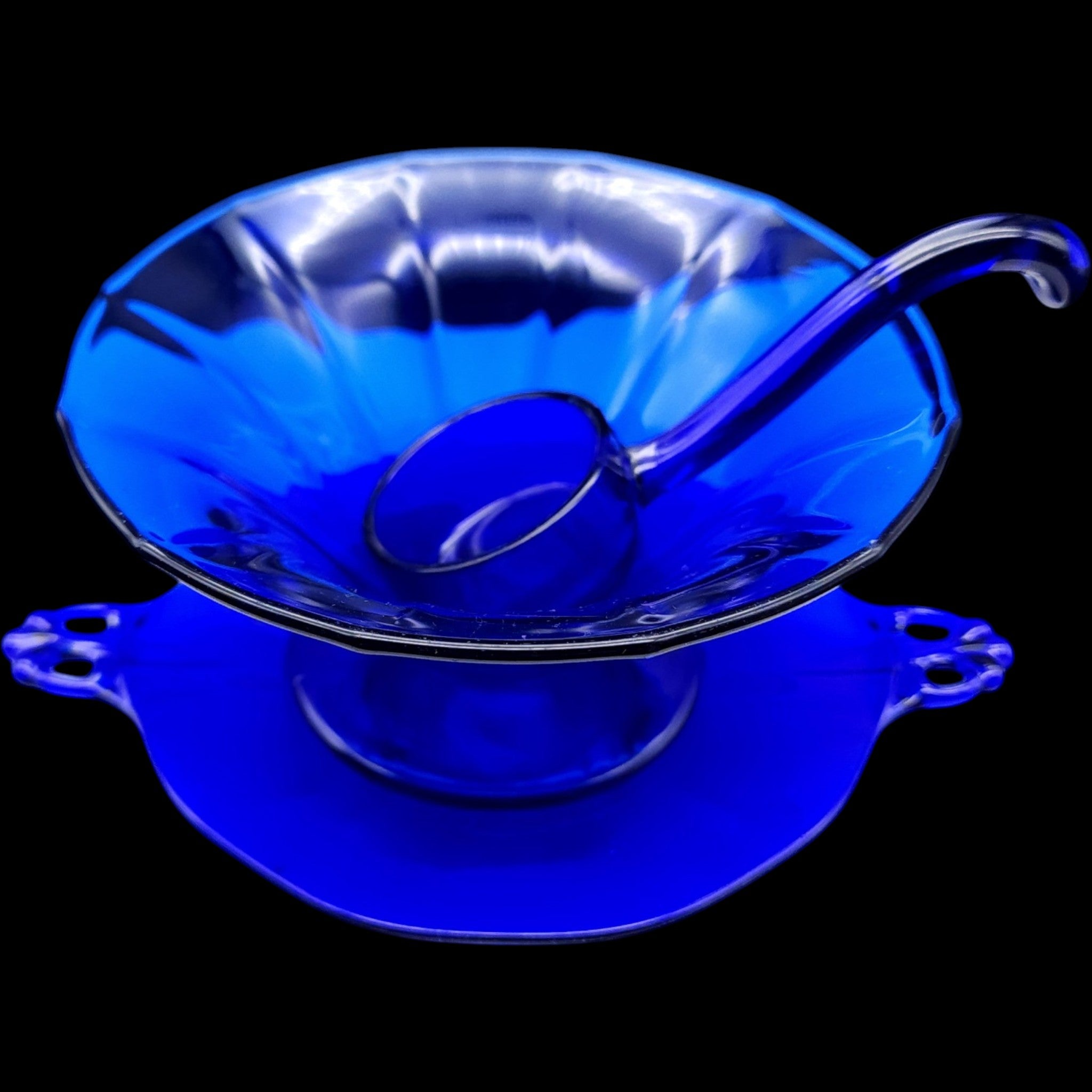 Vintage Cobalt Blue Glass Mayonnaise Sauce Bowl Set with Ladle & Underplate