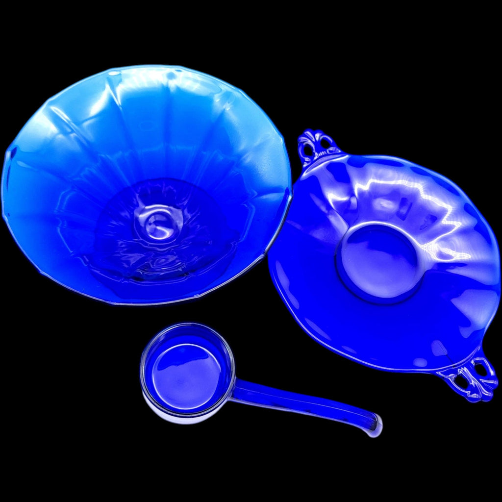 Vintage Cobalt Blue Glass Mayonnaise Sauce Bowl Set with Ladle & Underplate