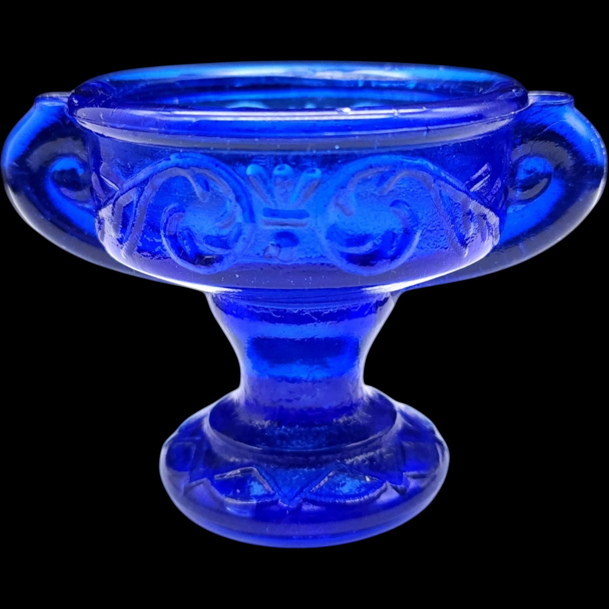 Antique Cobalt Blue Glass Pedestal Urn Open Salt Cellar Dip Dish
