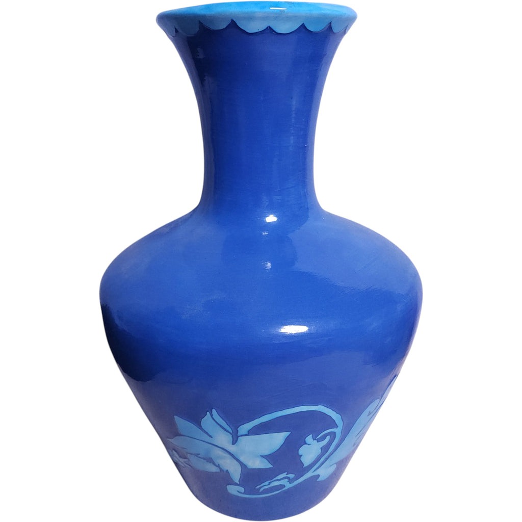 15" Cramer Mold Cobalt Blue Ceramic Vase Hand Painted Floral Motif