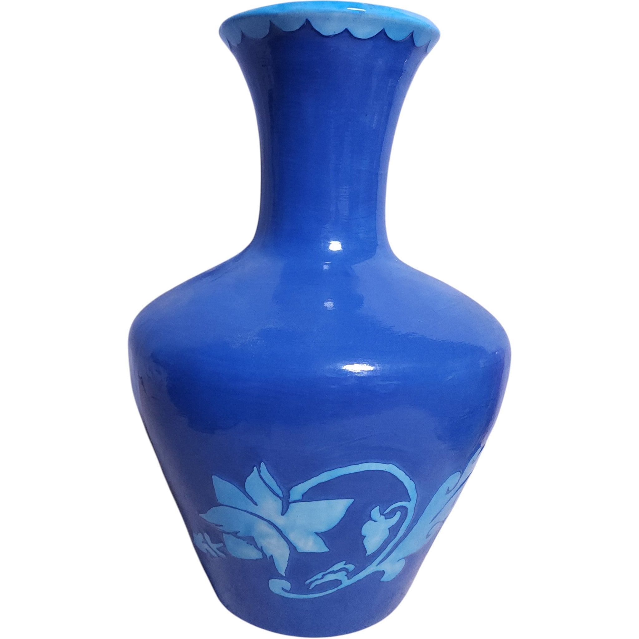 15" Cramer Mold Cobalt Blue Ceramic Vase Hand Painted Floral Motif