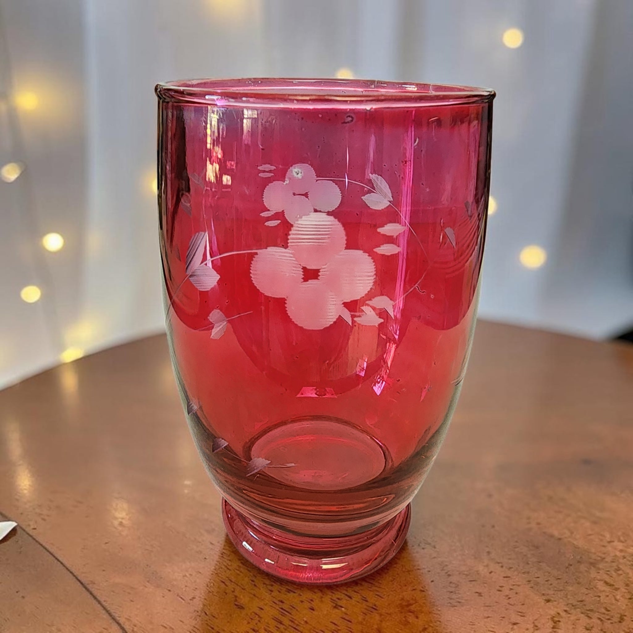 Vintage Cranberry Glass Etched Floral Tumbler