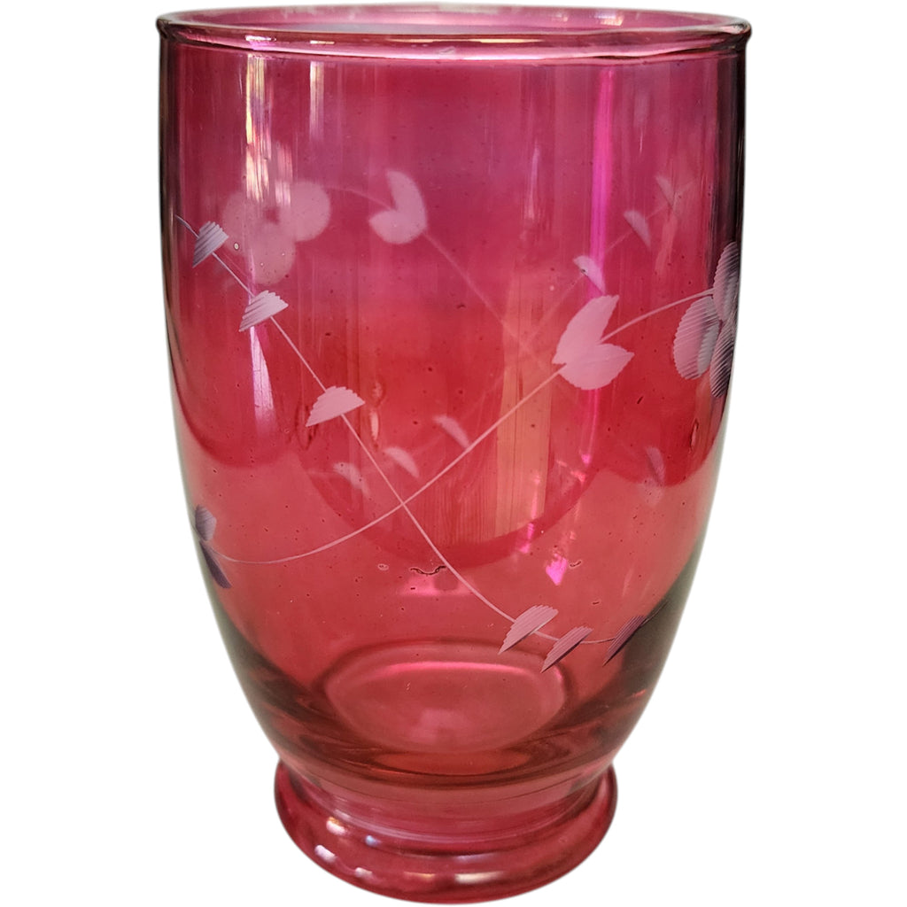 Vintage Cranberry Glass Etched Floral Tumbler