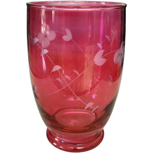 Vintage Cranberry Glass Etched Floral Tumbler