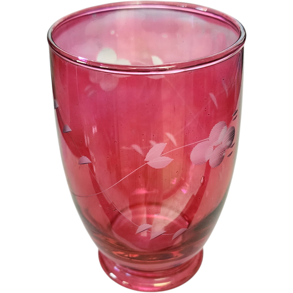 Vintage Cranberry Glass Etched Floral Tumbler