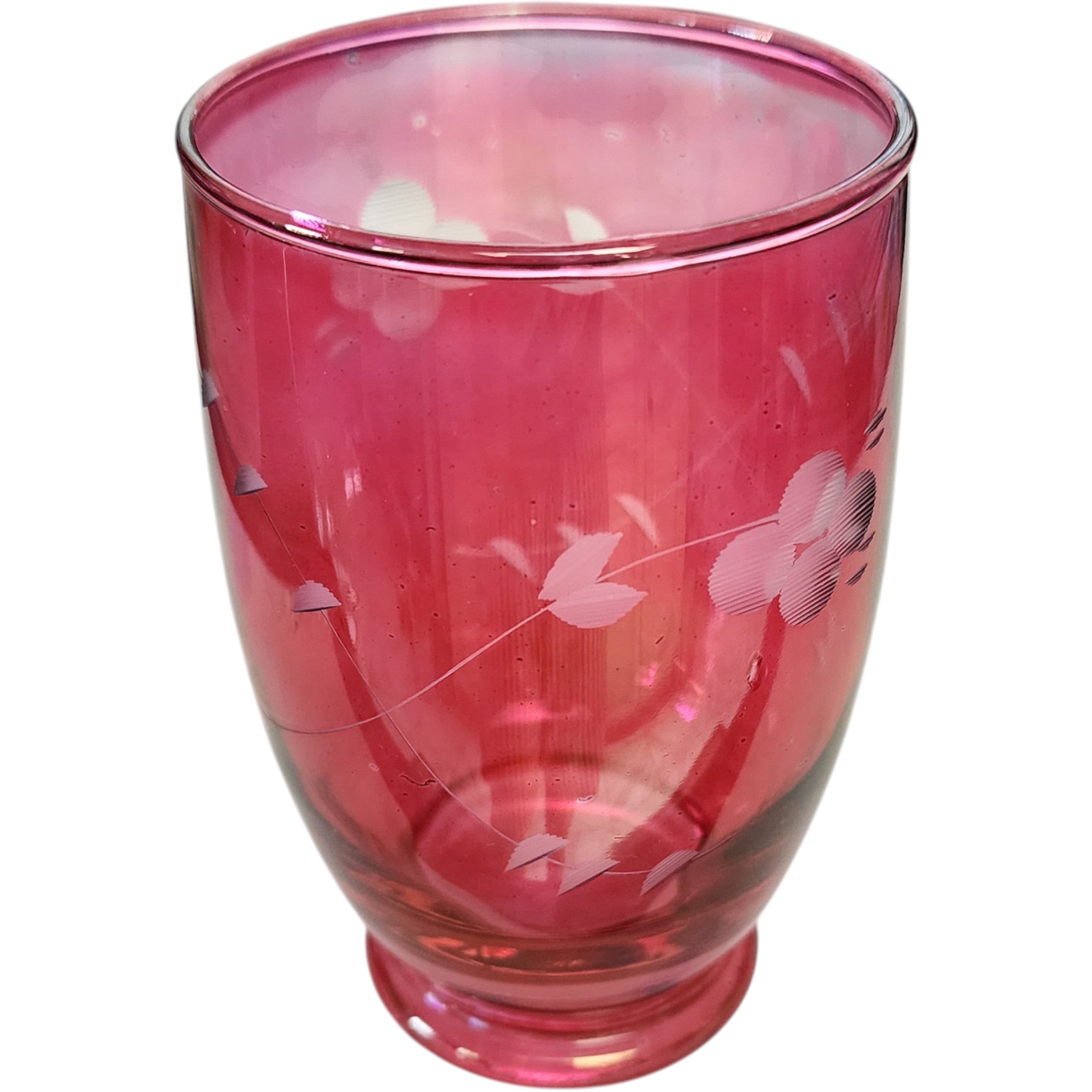 Vintage Cranberry Glass Etched Floral Tumbler