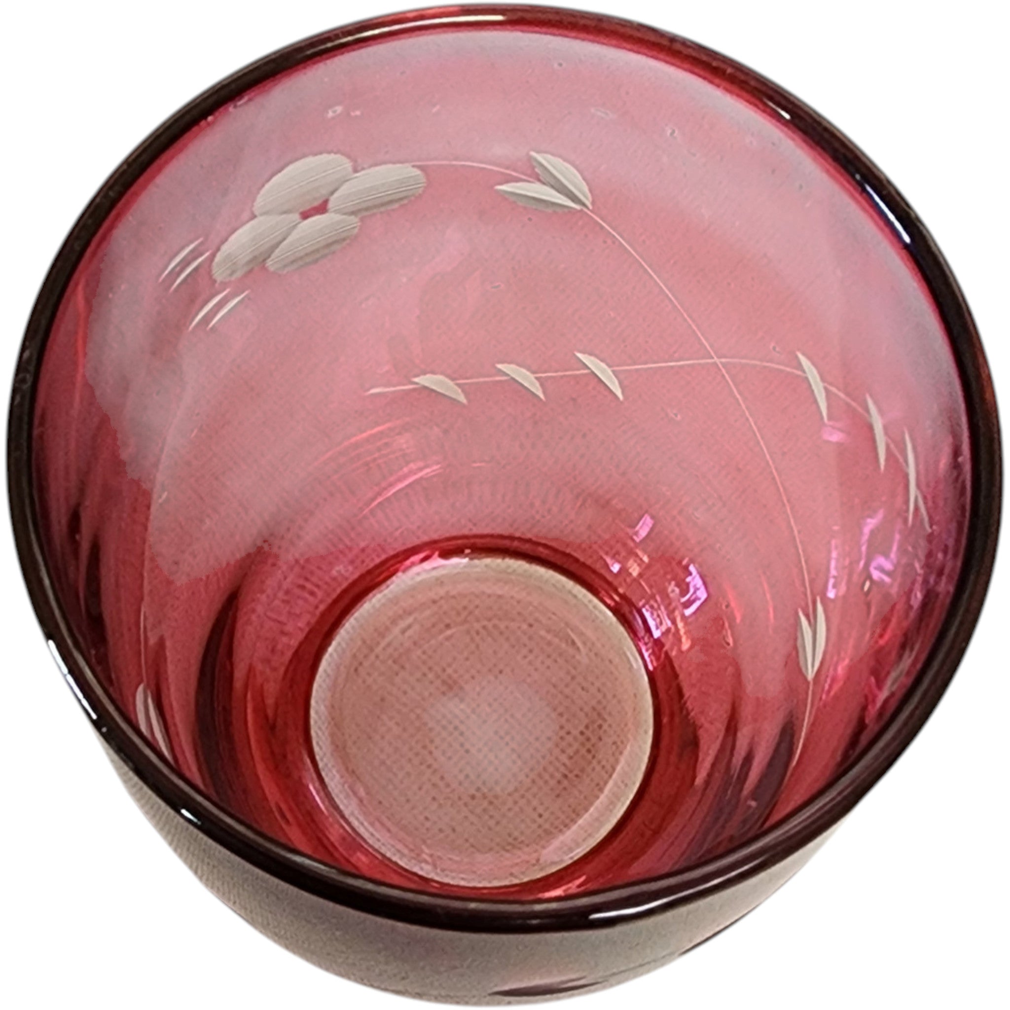 Vintage Cranberry Glass Etched Floral Tumbler