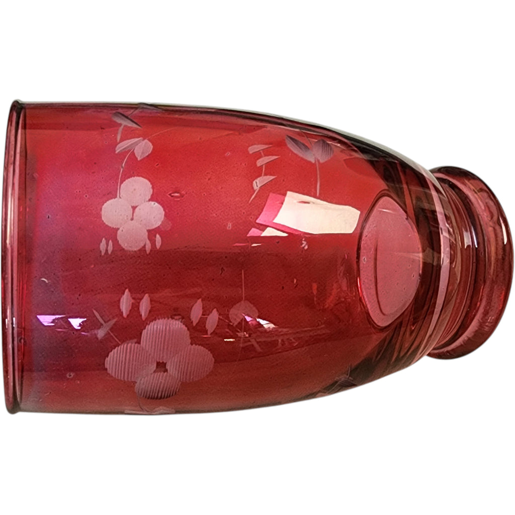 Vintage Cranberry Glass Etched Floral Tumbler