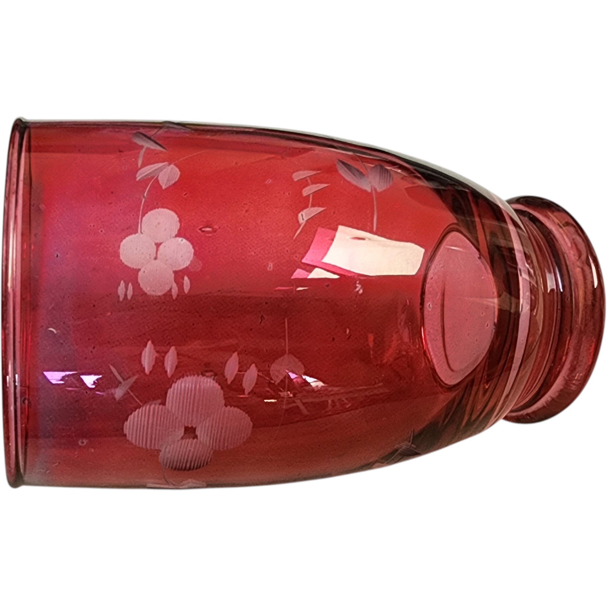 Vintage Cranberry Glass Etched Floral Tumbler