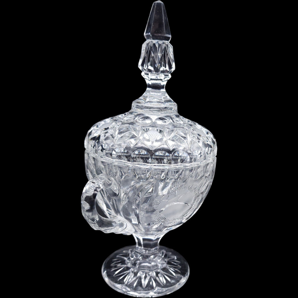 Avitra Crystal Etched Floral Covered Sugar Bowl Jar with Lid Cut Glass