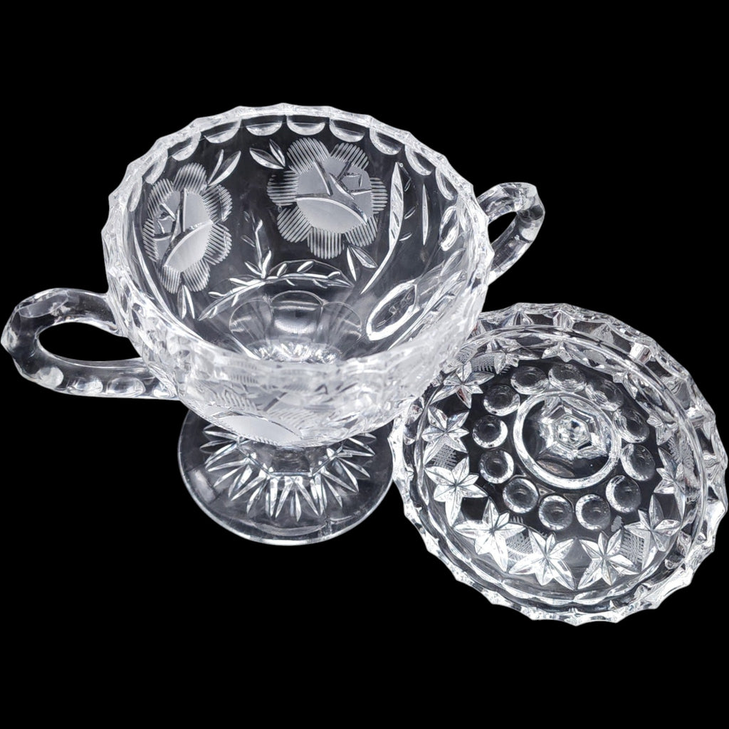 Avitra Crystal Etched Floral Covered Sugar Bowl Jar with Lid Cut Glass