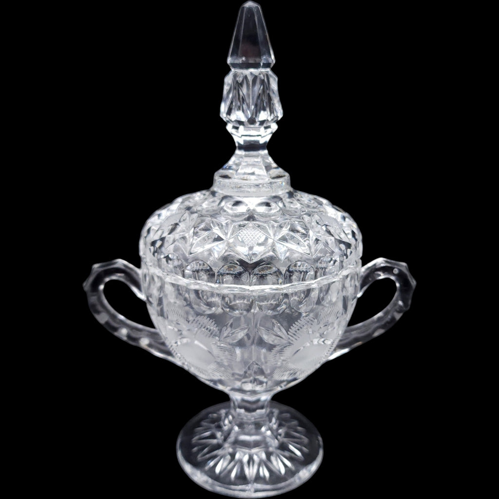 Avitra Crystal Etched Floral Covered Sugar Bowl Jar with Lid Cut Glass
