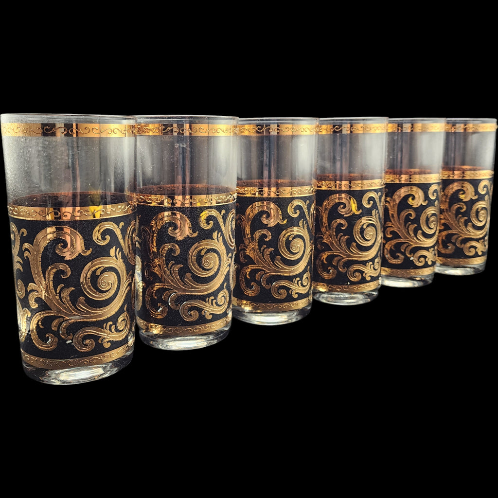 Vintage Culver Toledo 22kt Gold & Black Highball Glasses Set of 6