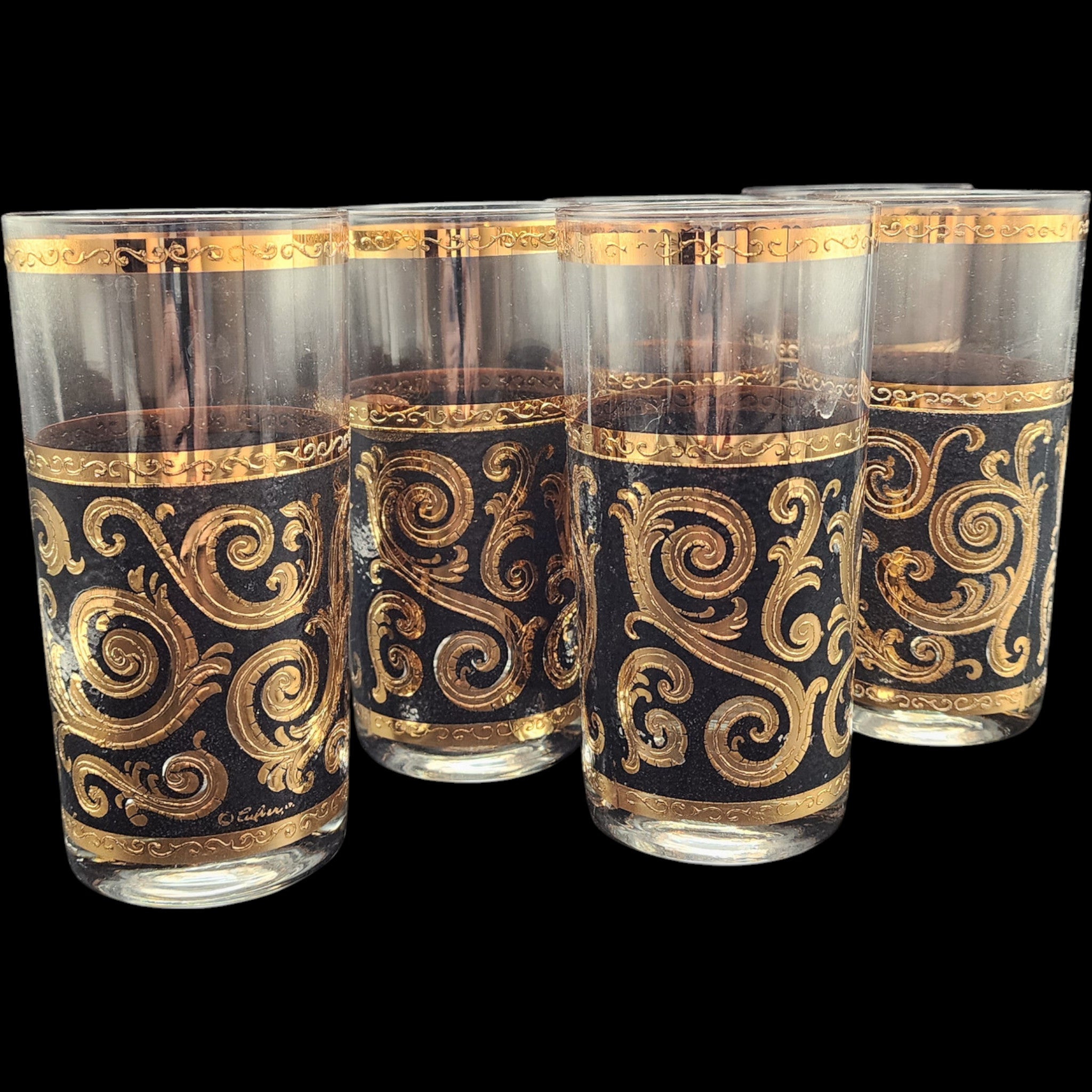 Vintage Culver Toledo 22kt Gold & Black Highball Glasses Set of 6