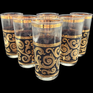 Vintage Culver Toledo 22kt Gold & Black Highball Glasses Set of 6