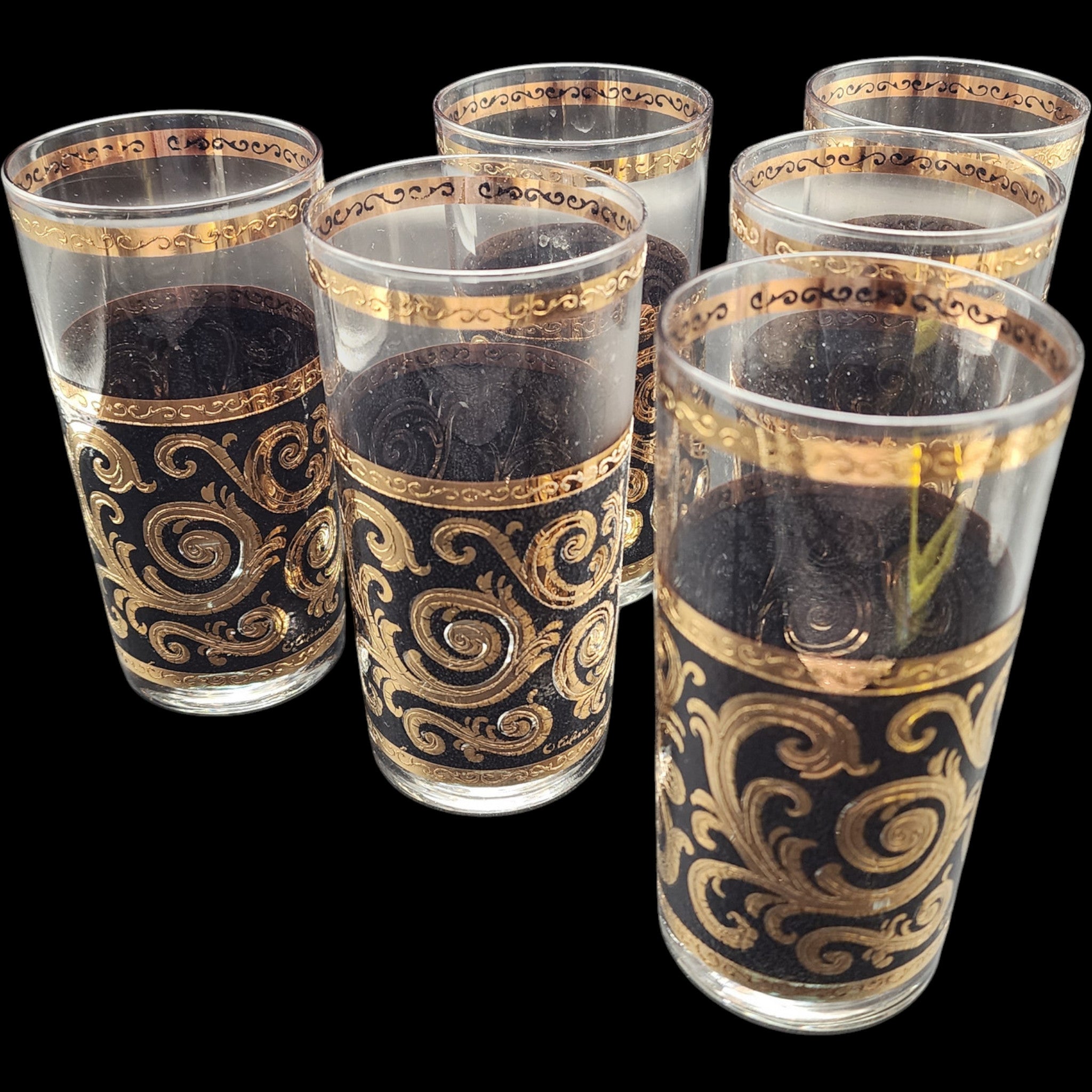 Vintage Culver Toledo 22kt Gold & Black Highball Glasses Set of 6