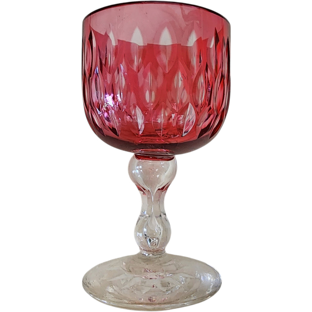 Vintage Cut Cranberry Glass Water Goblet with Clear Baluster Stem, 5.875