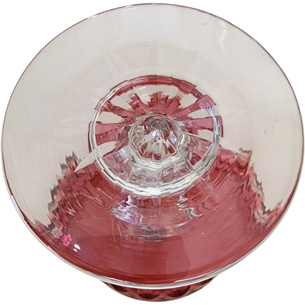 Vintage Cut Cranberry Glass Water Goblet with Clear Baluster Stem, 5.875