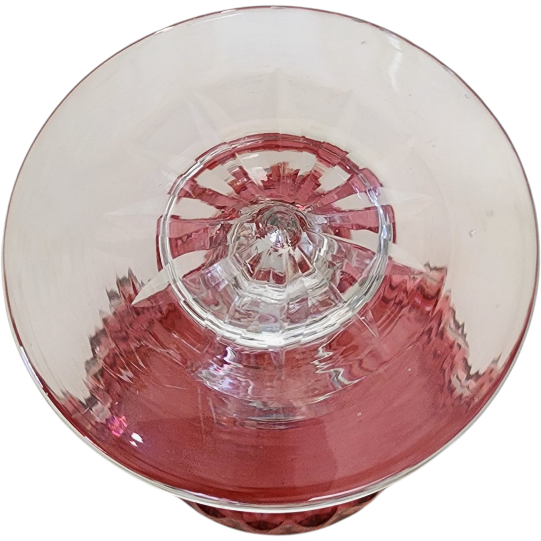 Vintage Cut Cranberry Glass Water Goblet with Clear Baluster Stem, 5.875