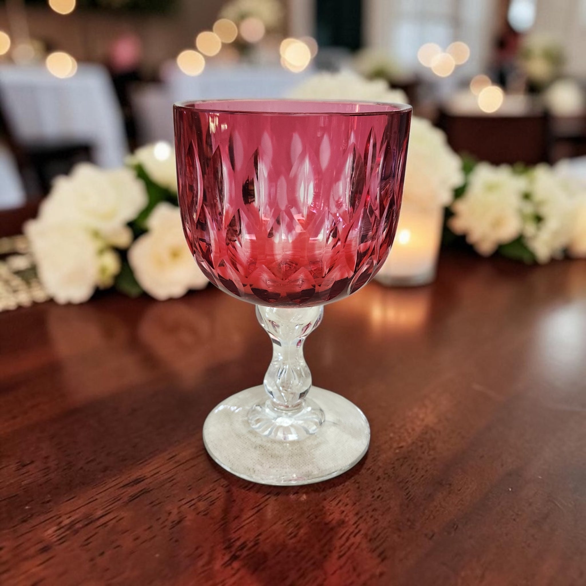 Vintage Cut Cranberry Glass Water Goblet with Clear Baluster Stem, 5.875