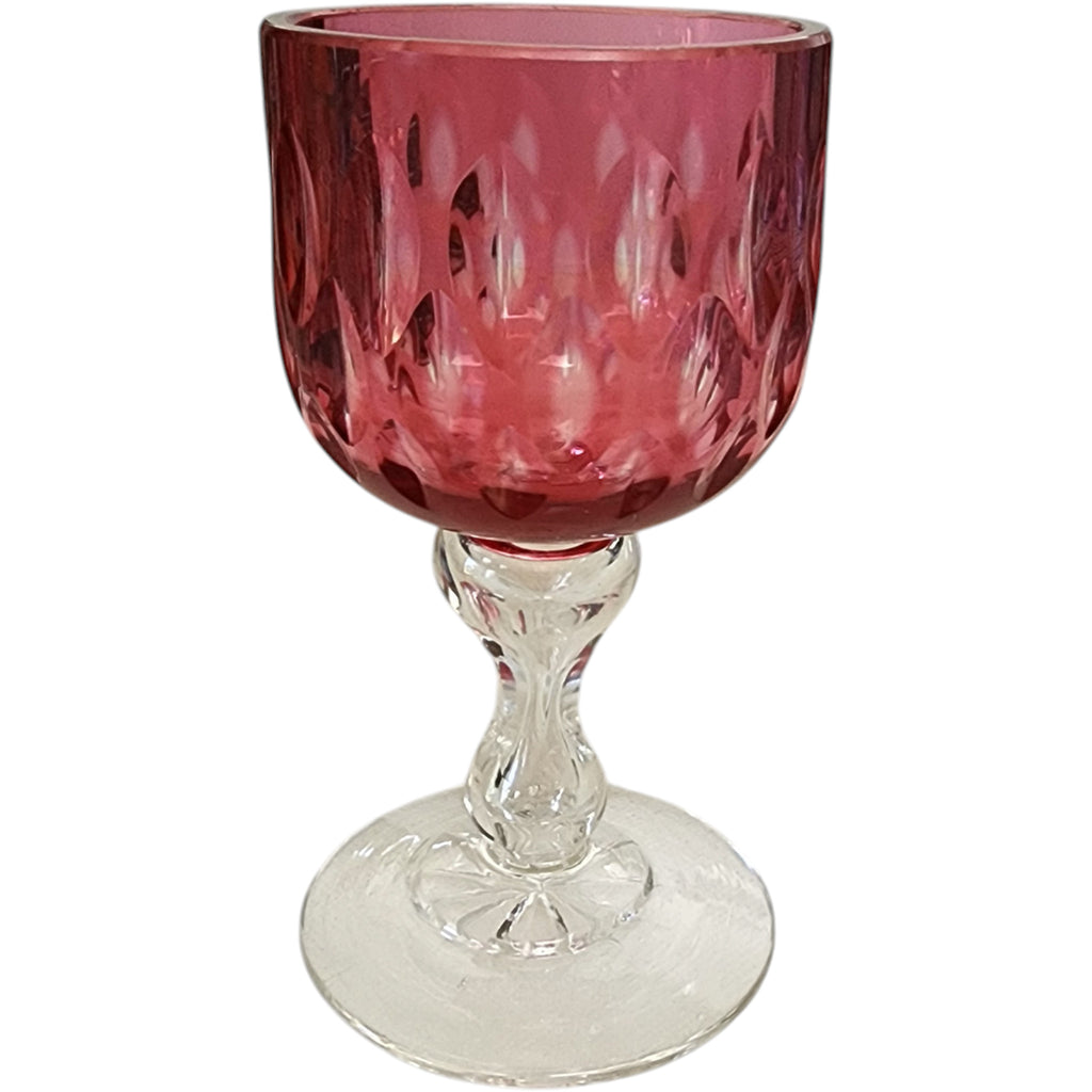 Vintage Cut Cranberry Glass Water Goblet with Clear Baluster Stem, 5.875