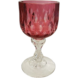 Vintage Cut Cranberry Glass Water Goblet with Clear Baluster Stem, 5.875