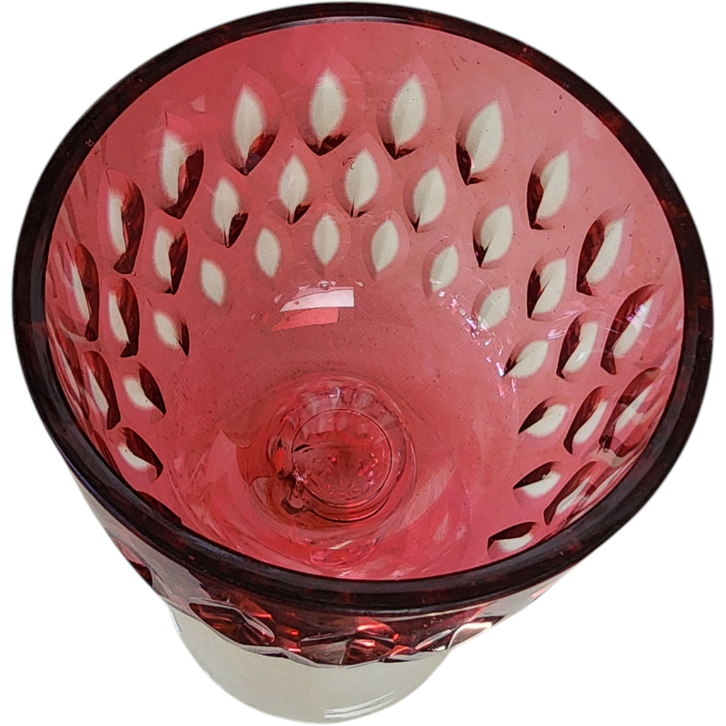 Vintage Cut Cranberry Glass Water Goblet with Clear Baluster Stem, 5.875