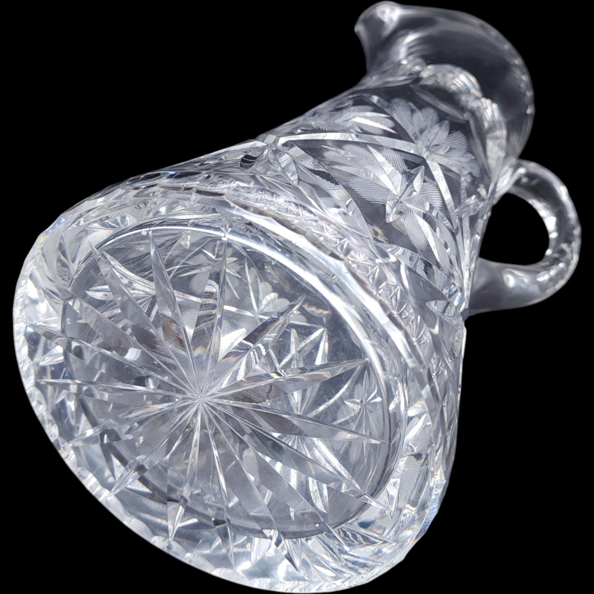 Vintage Cut Crystal Beverage Pitcher with Starburst and Floral Motif