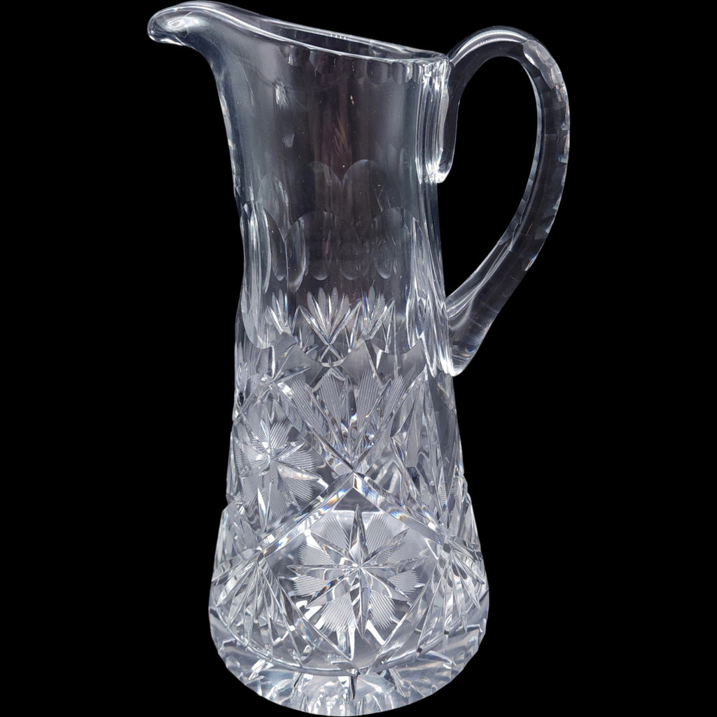 Vintage Cut Crystal Beverage Pitcher with Starburst and Floral Motif