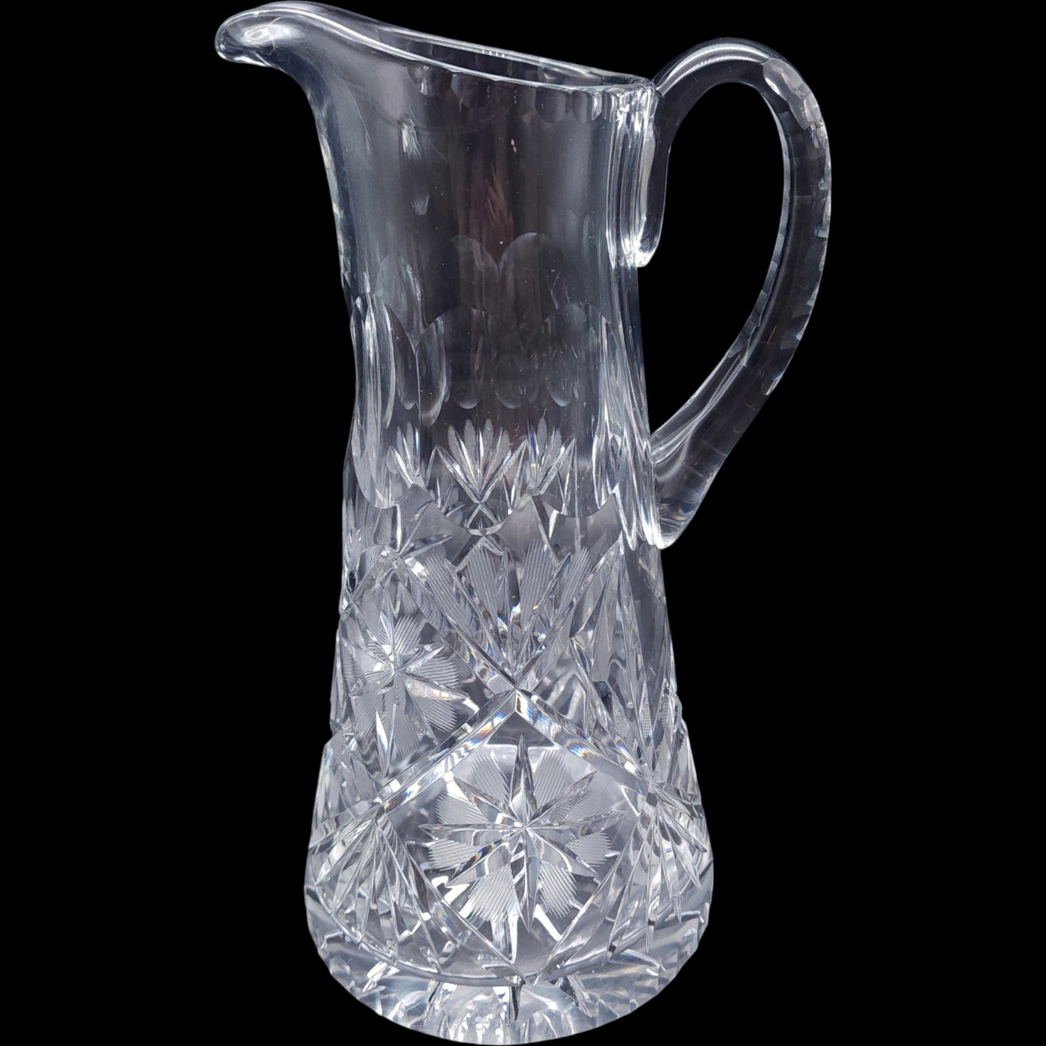 Vintage Cut Crystal Beverage Pitcher with Starburst and Floral Motif