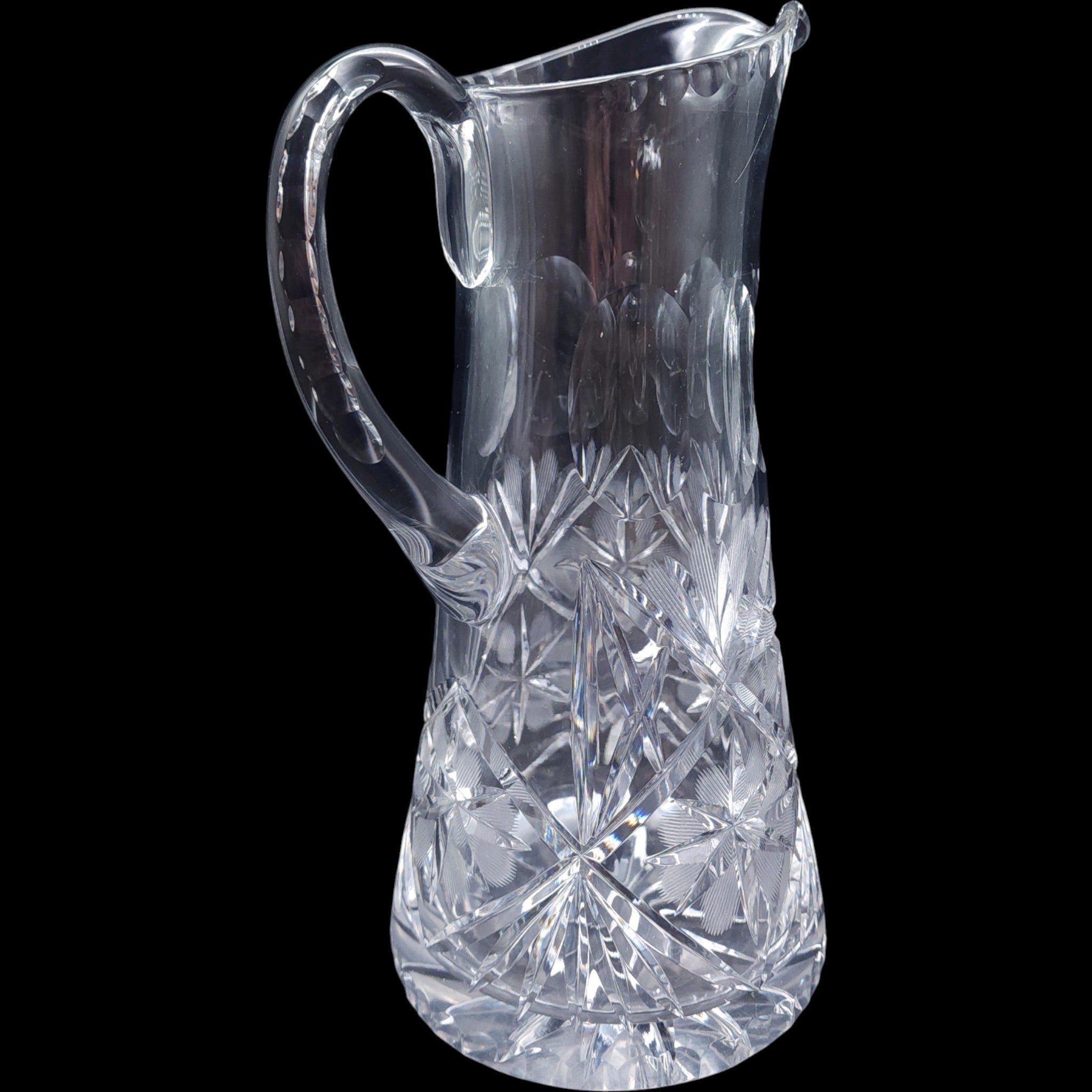 Vintage Cut Crystal Beverage Pitcher with Starburst and Floral Motif