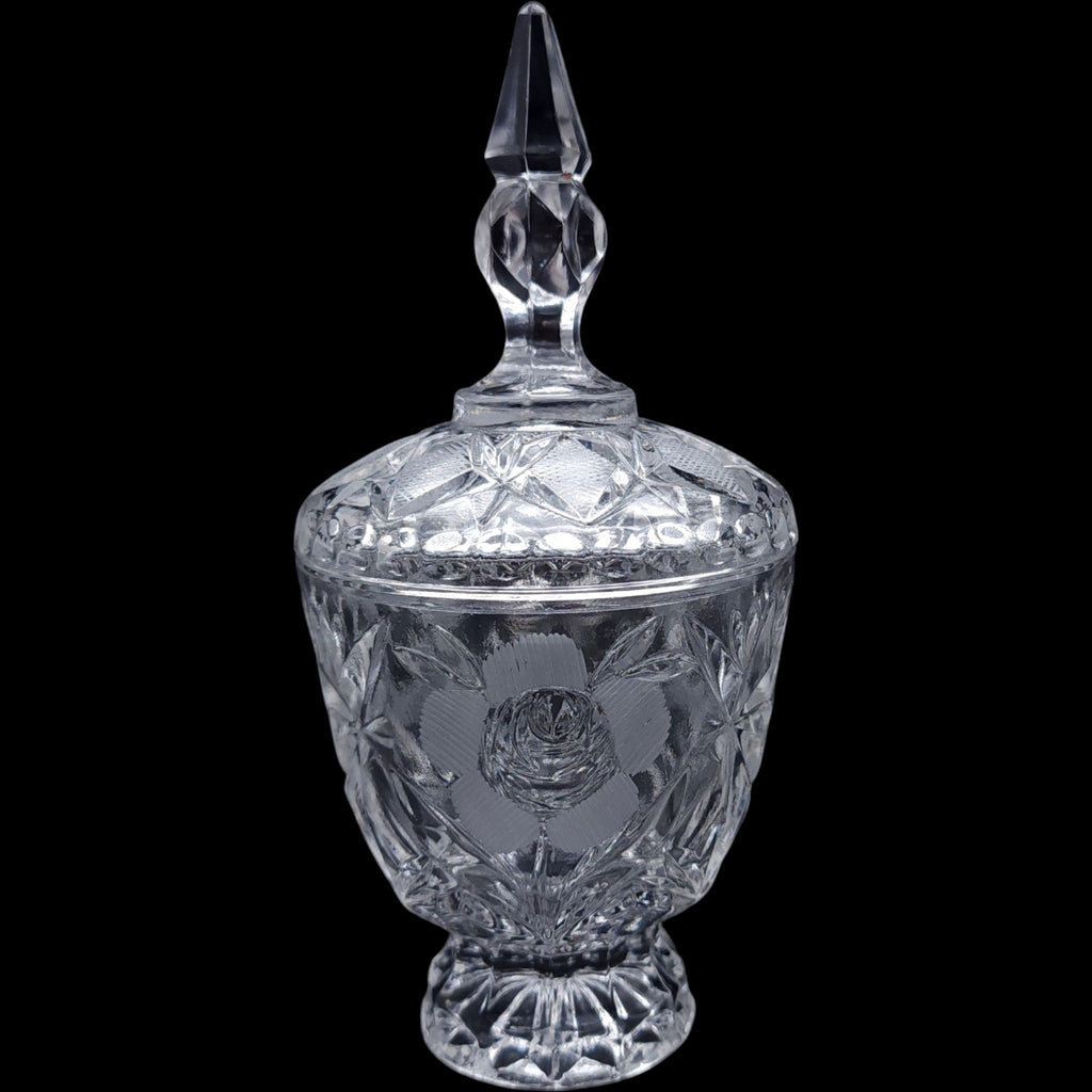 Vintage Cut Crystal Covered Footed Candy Urn Jar with Spire Lid