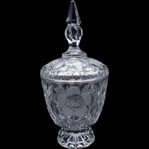 Vintage Cut Crystal Covered Footed Candy Urn Jar with Spire Lid