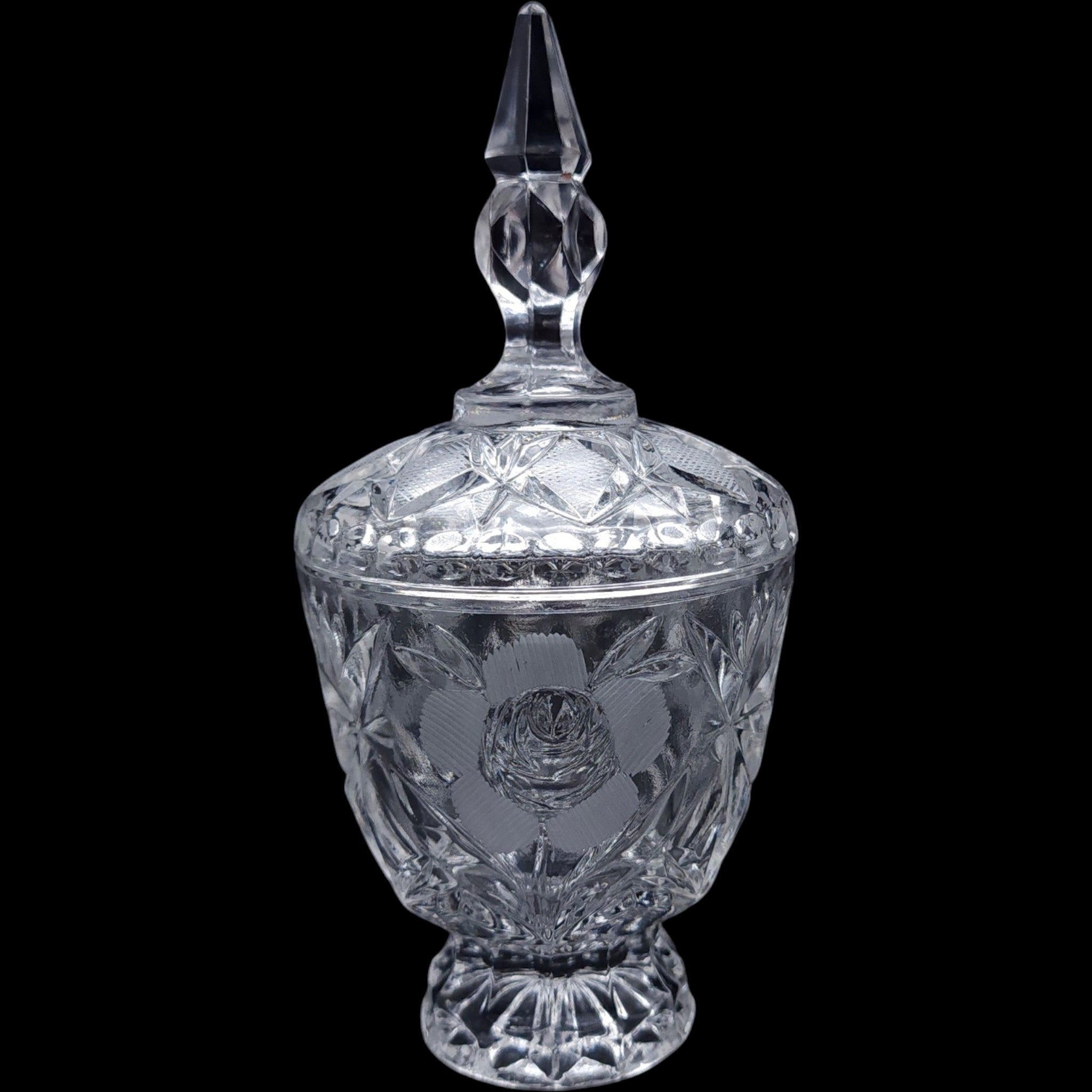 Vintage Cut Crystal Covered Footed Candy Urn Jar with Spire Lid