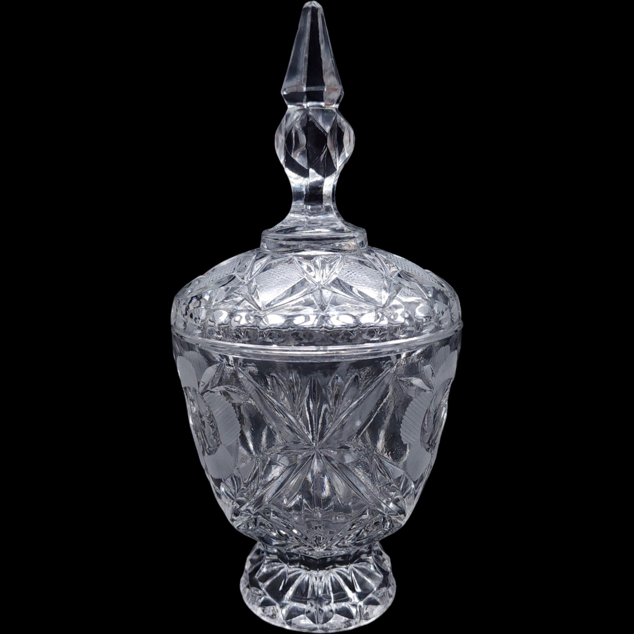 Vintage Cut Crystal Covered Footed Candy Urn Jar with Spire Lid