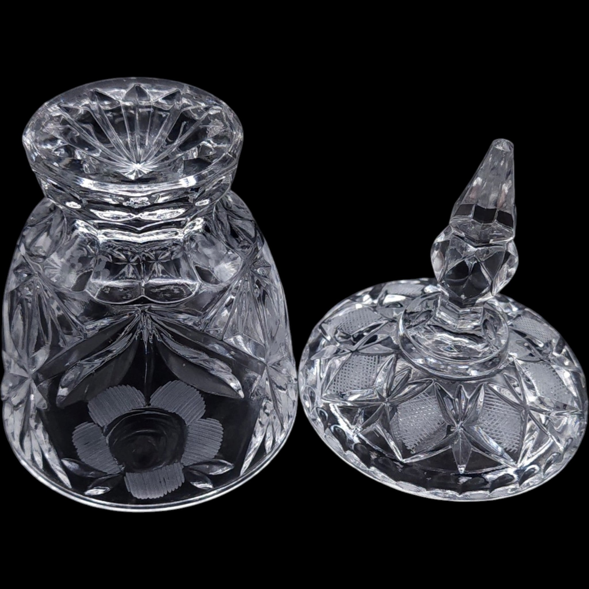 Vintage Cut Crystal Covered Footed Candy Urn Jar with Spire Lid
