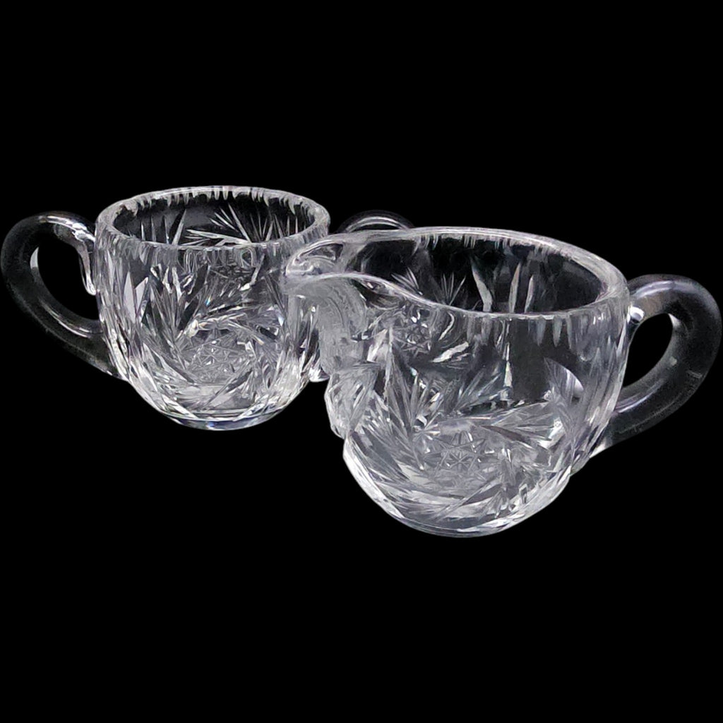 Cut Crystal Creamer and Sugar Bowl Set, Pinwheel Starburst Glass