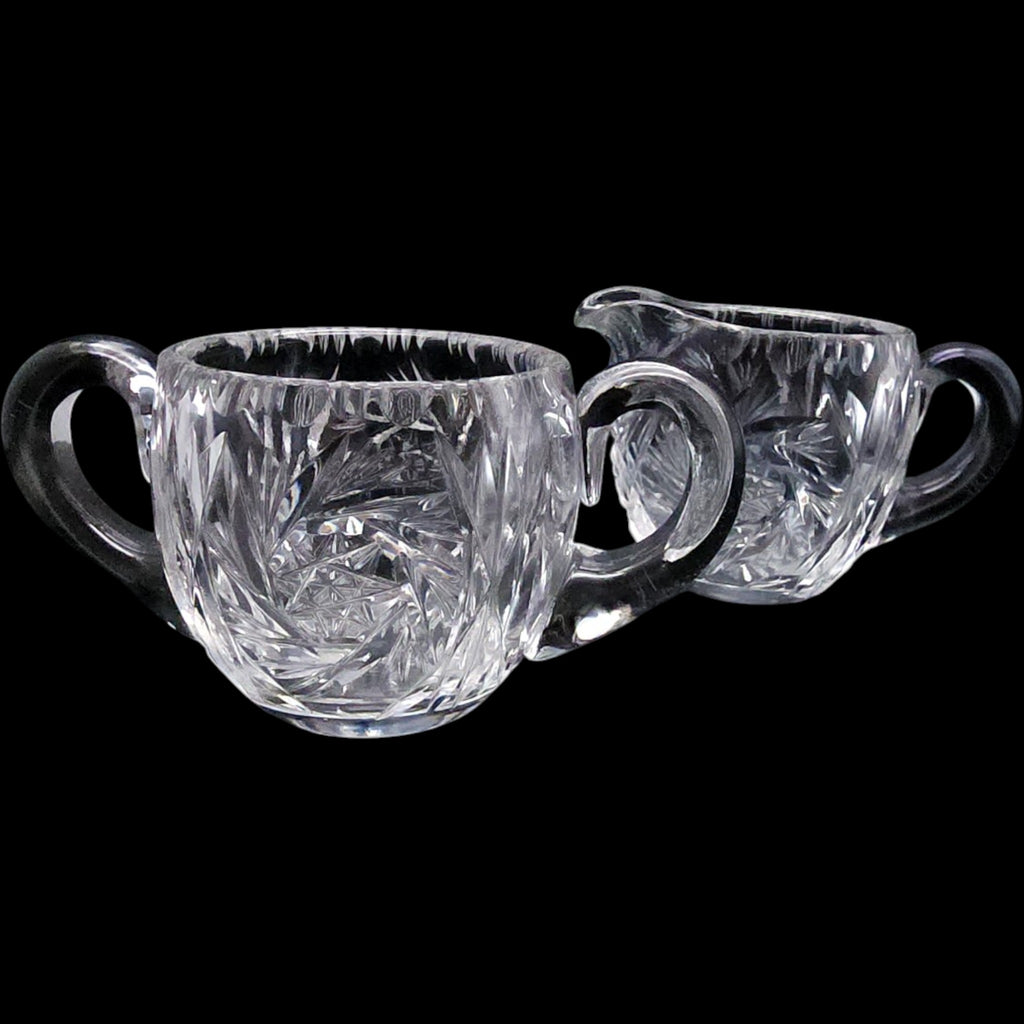 Cut Crystal Creamer and Sugar Bowl Set, Pinwheel Starburst Glass