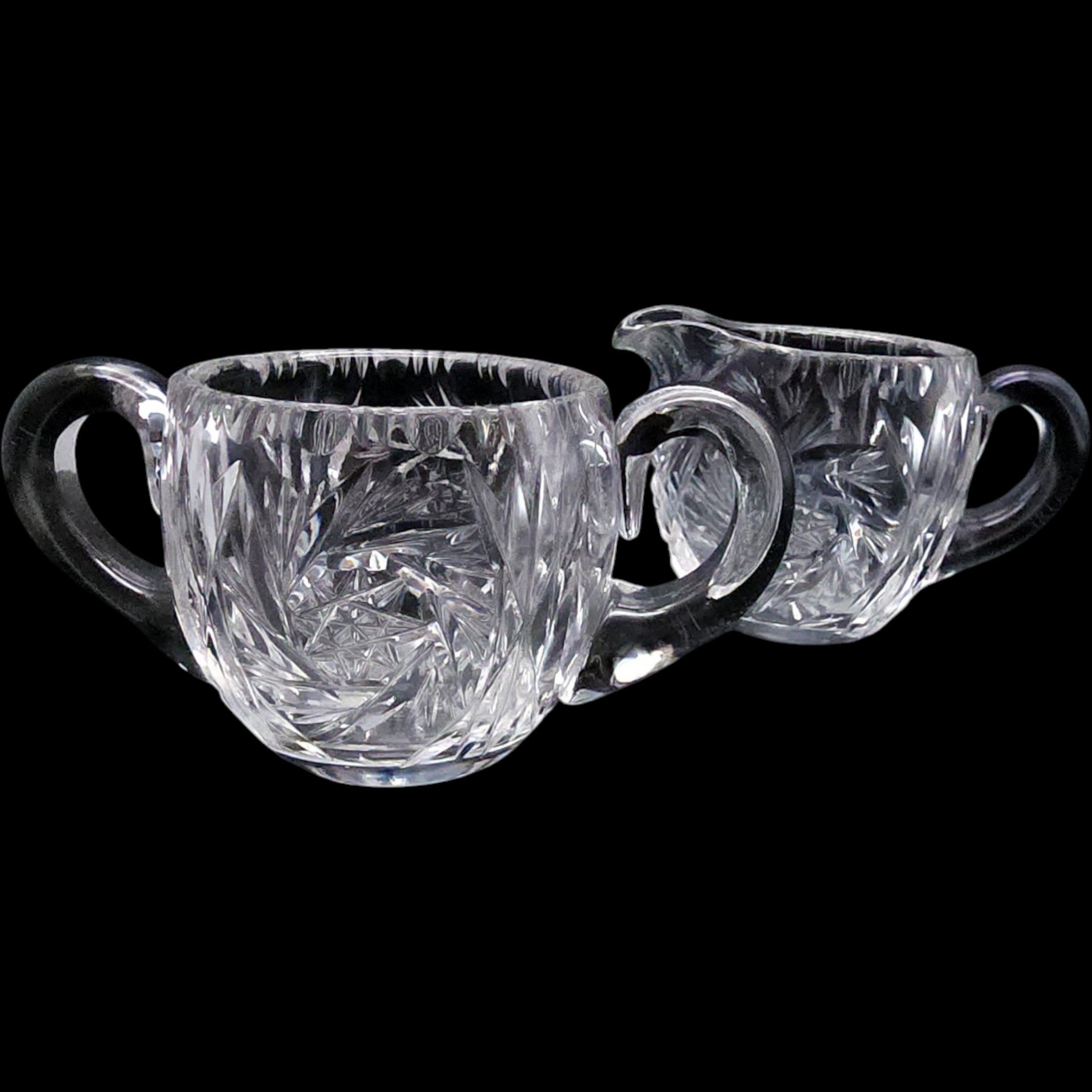 Cut Crystal Creamer and Sugar Bowl Set, Pinwheel Starburst Glass