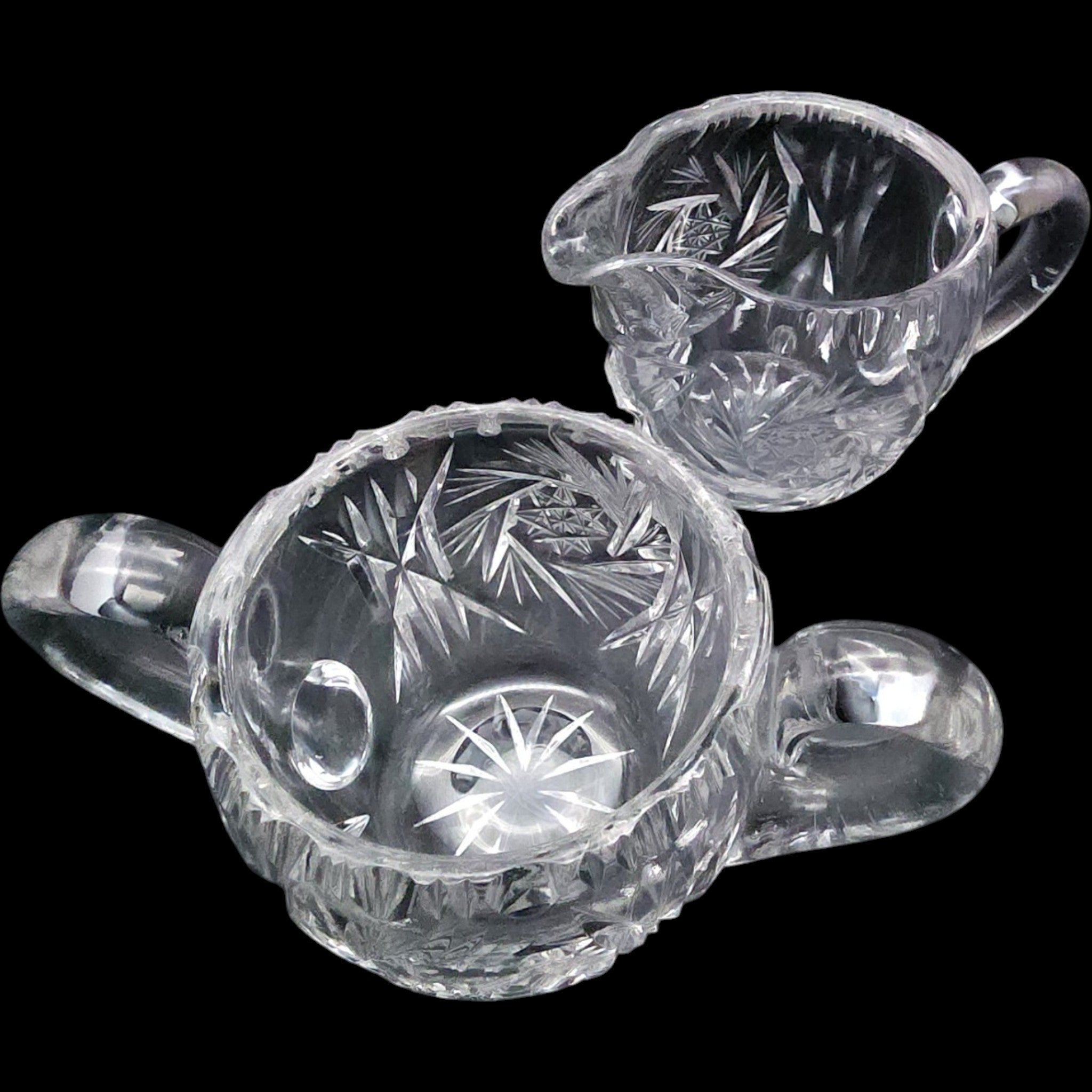 Cut Crystal Creamer and Sugar Bowl Set, Pinwheel Starburst Glass