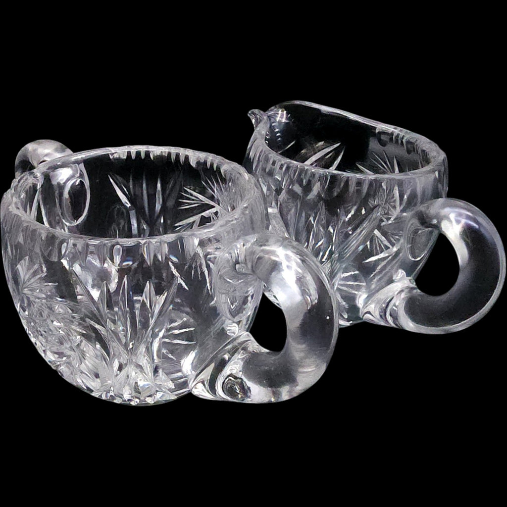 Cut Crystal Creamer and Sugar Bowl Set, Pinwheel Starburst Glass