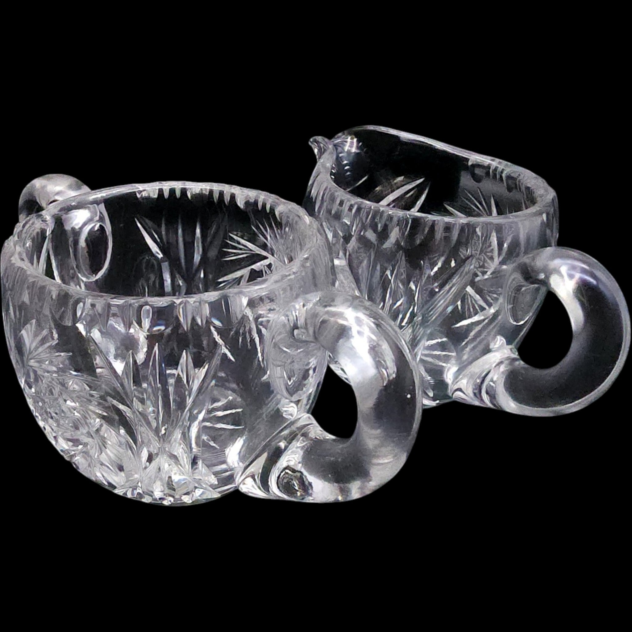 Cut Crystal Creamer and Sugar Bowl Set, Pinwheel Starburst Glass