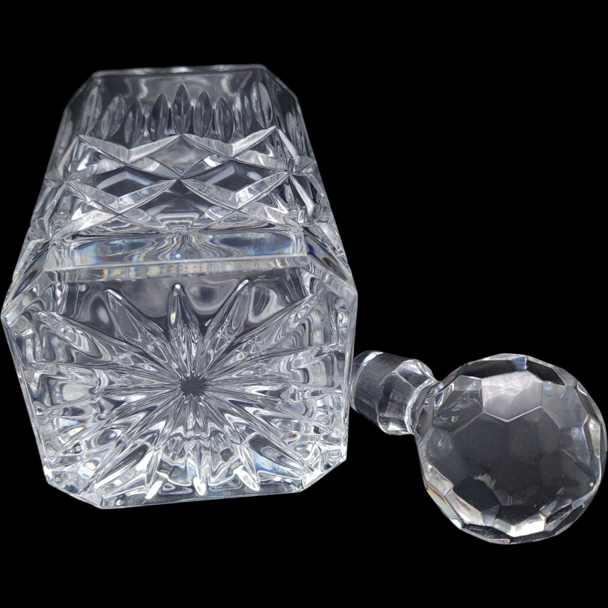Vintage Cut Crystal Glass Liquor Decanter Diamond Cut & Faceted Stopper