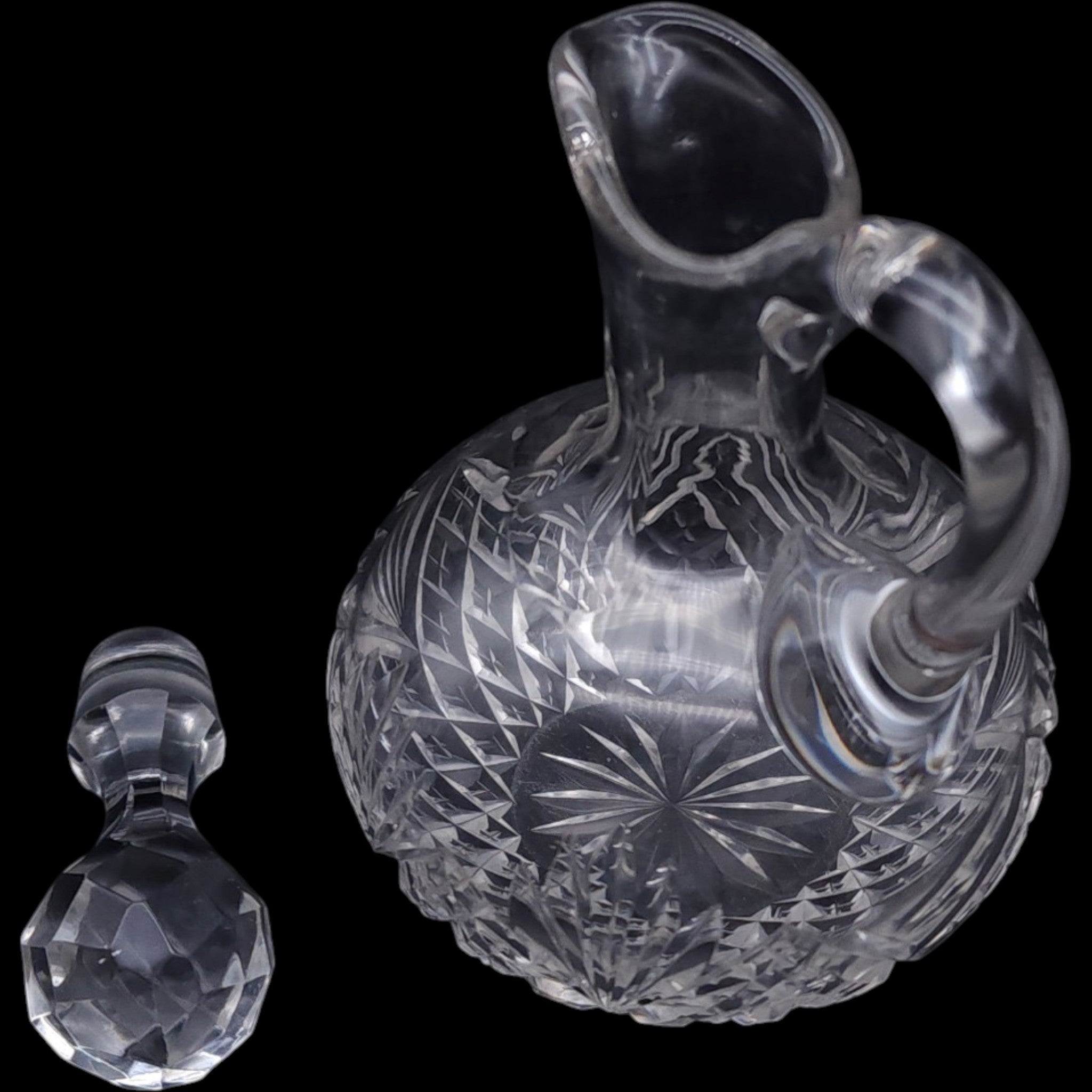 Vintage Cut Crystal Handled Cruet Pitcher with Stopper 6"