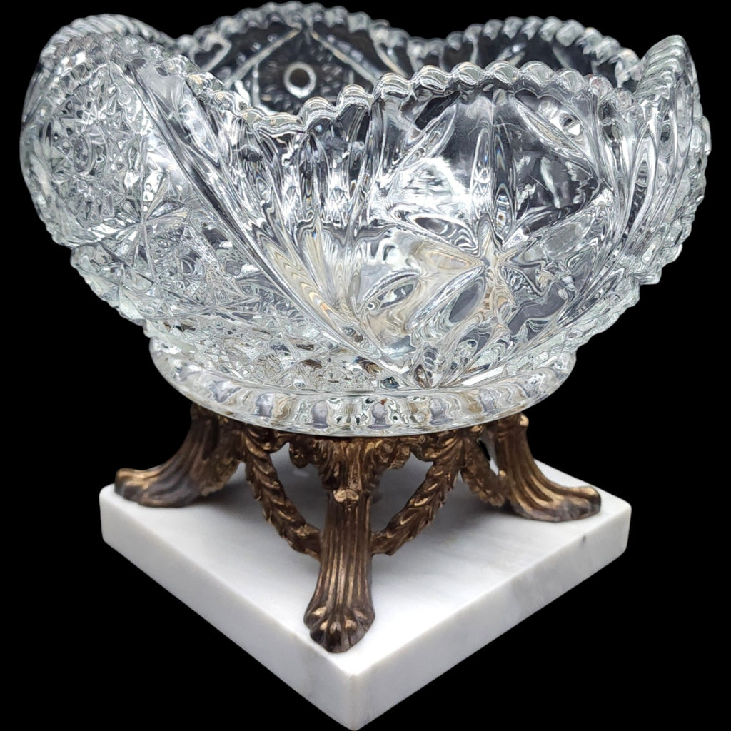 Vintage Cut Glass Centerpiece Bowl on Italian Marble & Brass Base