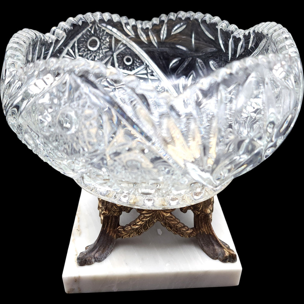 Vintage Cut Glass Centerpiece Bowl on Italian Marble & Brass Base