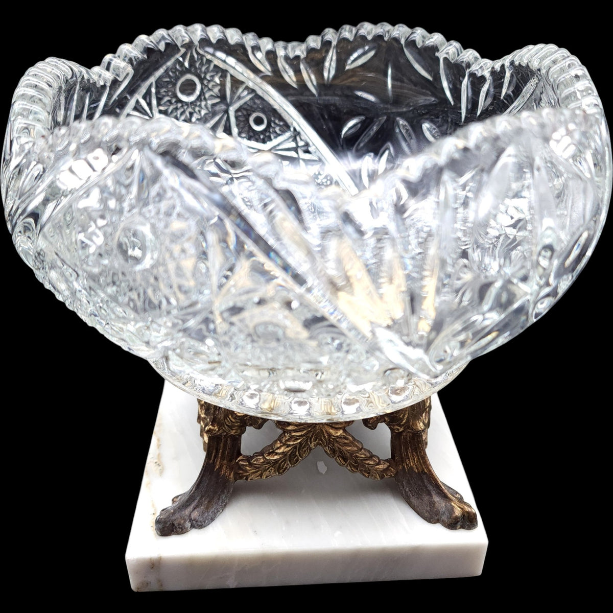 Vintage Cut Glass Centerpiece Bowl on Italian Marble & Brass Base