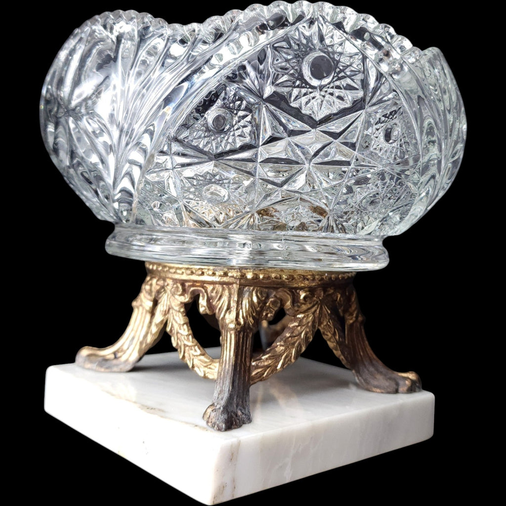 Vintage Cut Glass Centerpiece Bowl on Italian Marble & Brass Base