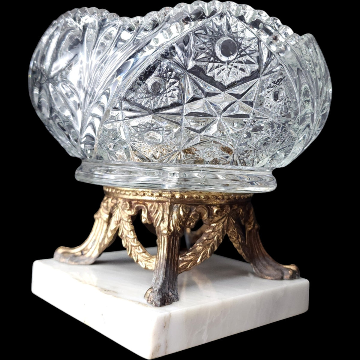 Vintage Cut Glass Centerpiece Bowl on Italian Marble & Brass Base